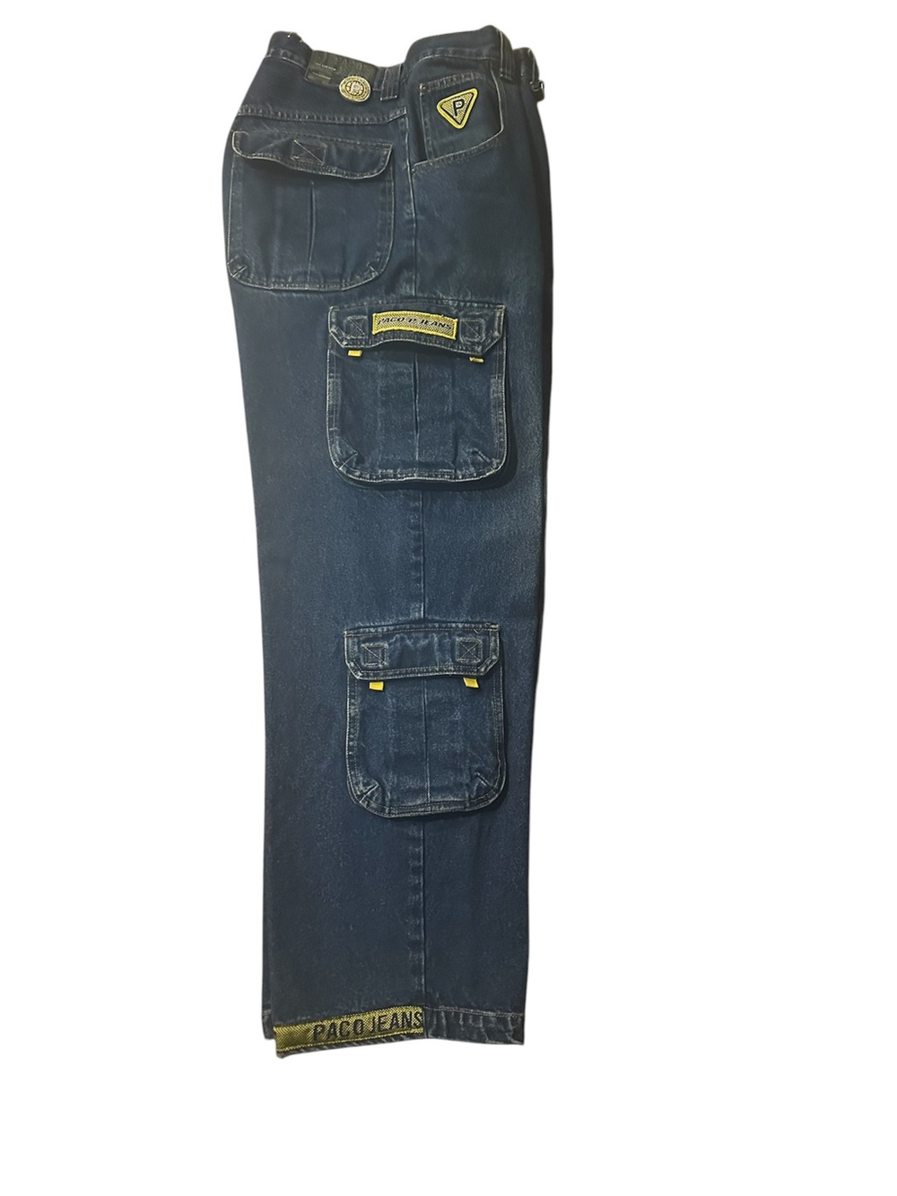 Y2K Paco Jeans Dark Wash Utility Cargo Jeans with Yellow Accents